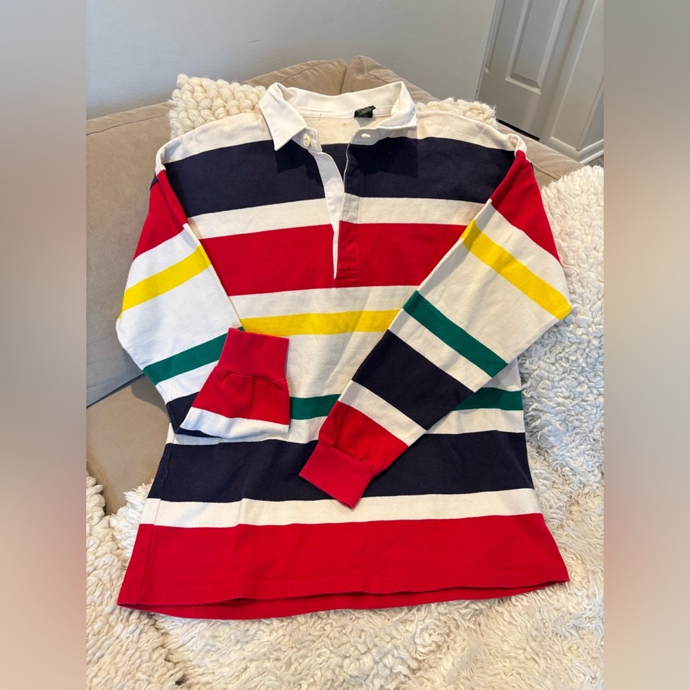Polo Ralph Lauren Vintage 80s Red Yellow Green Blue Striped Rugby Shirt Large - Picture 2 of 4